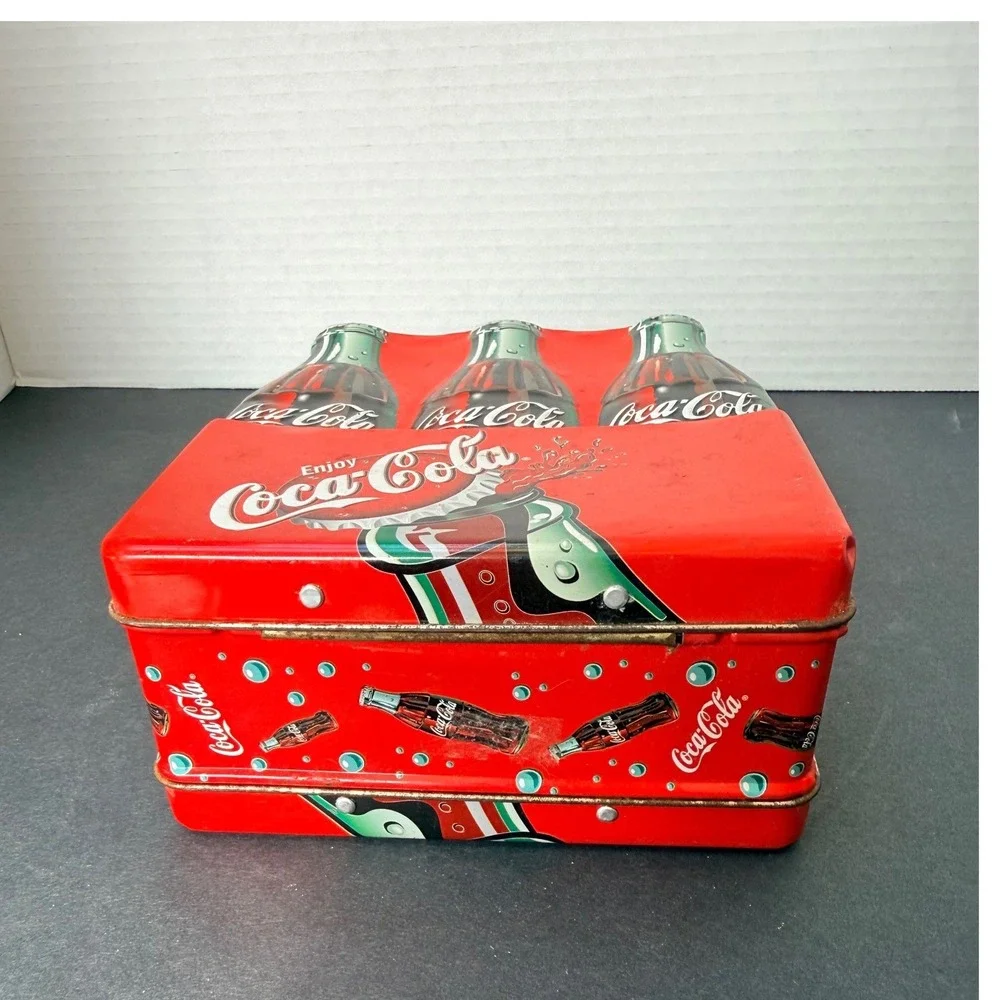 Vintage Coca-Cola Embossed Tin Lunch Box 3D Bottle Design Red Metal Collectible